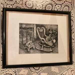 Amateur Pen and Ink Framed Rocking Chair and Cats Still Life